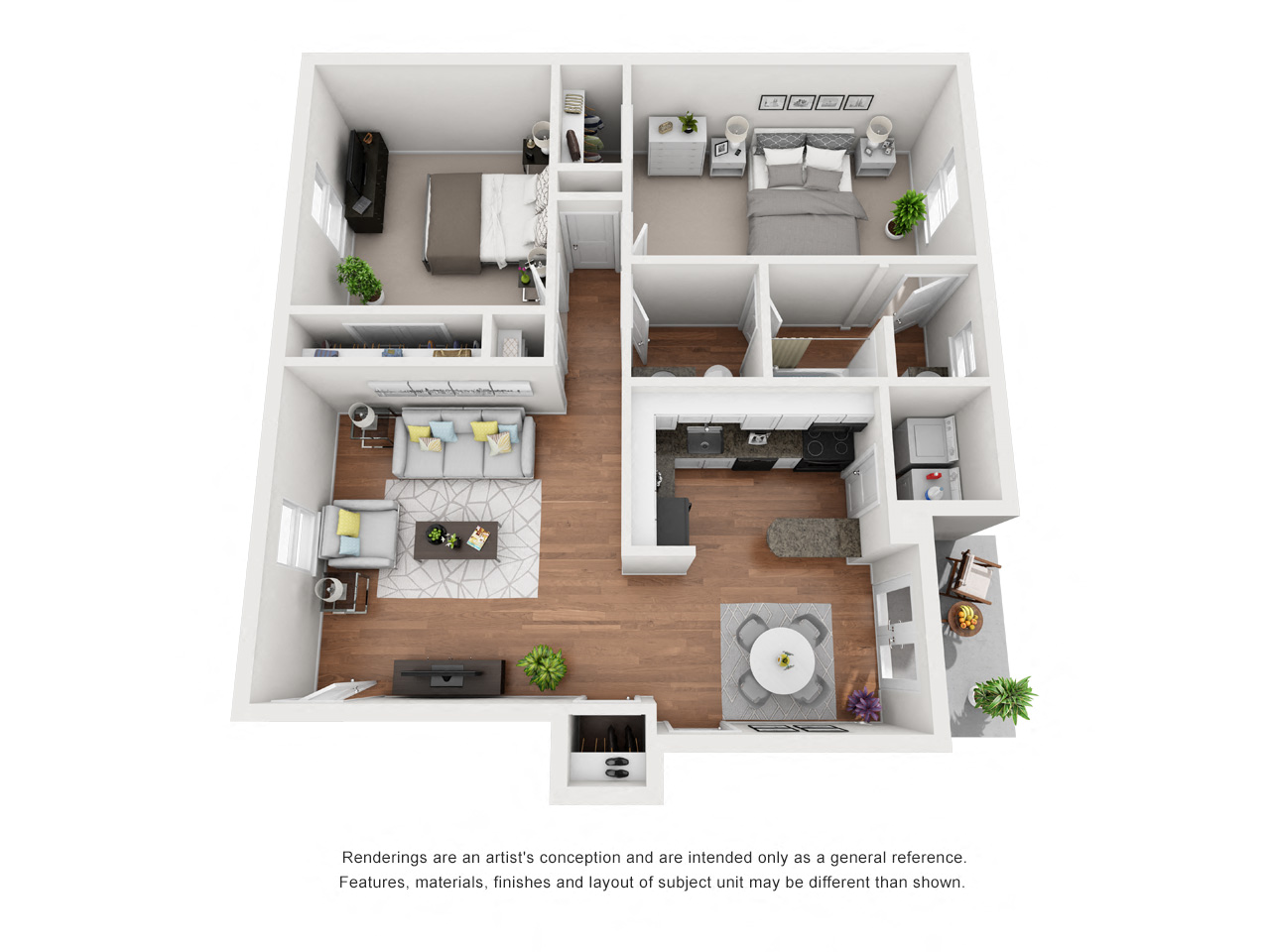 Floor plan for 2 beds, 1.5 baths, 910 sqft